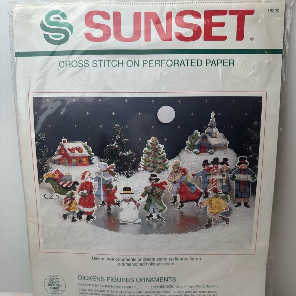 SUNSET Cross Stitch Perforated Paper Dickens Figures Christmas Ornaments New